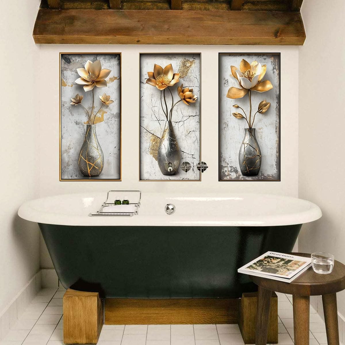 3D Flower Wall Art Stickers Gold Floral Vase Wall Decals Peel and Stick Livin…