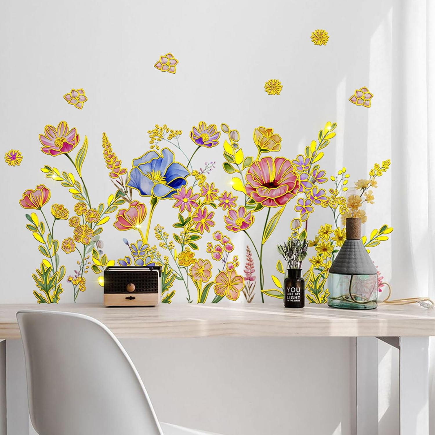 Gold Flower Wall Decals Blue Pink Floral Wall Sticker Creative Lotus Peel and St