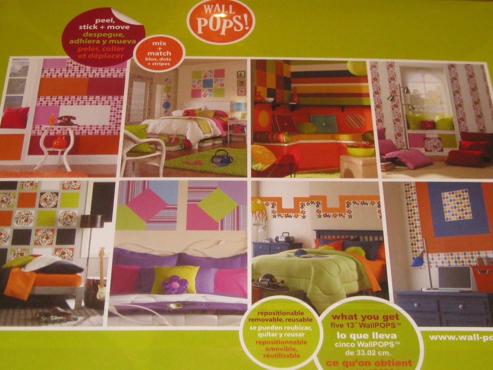 WALL POPS Decals 5 sheets 13 INCH BLOX LOTS OF DOTS BLUE GREEN ORANGE NIP