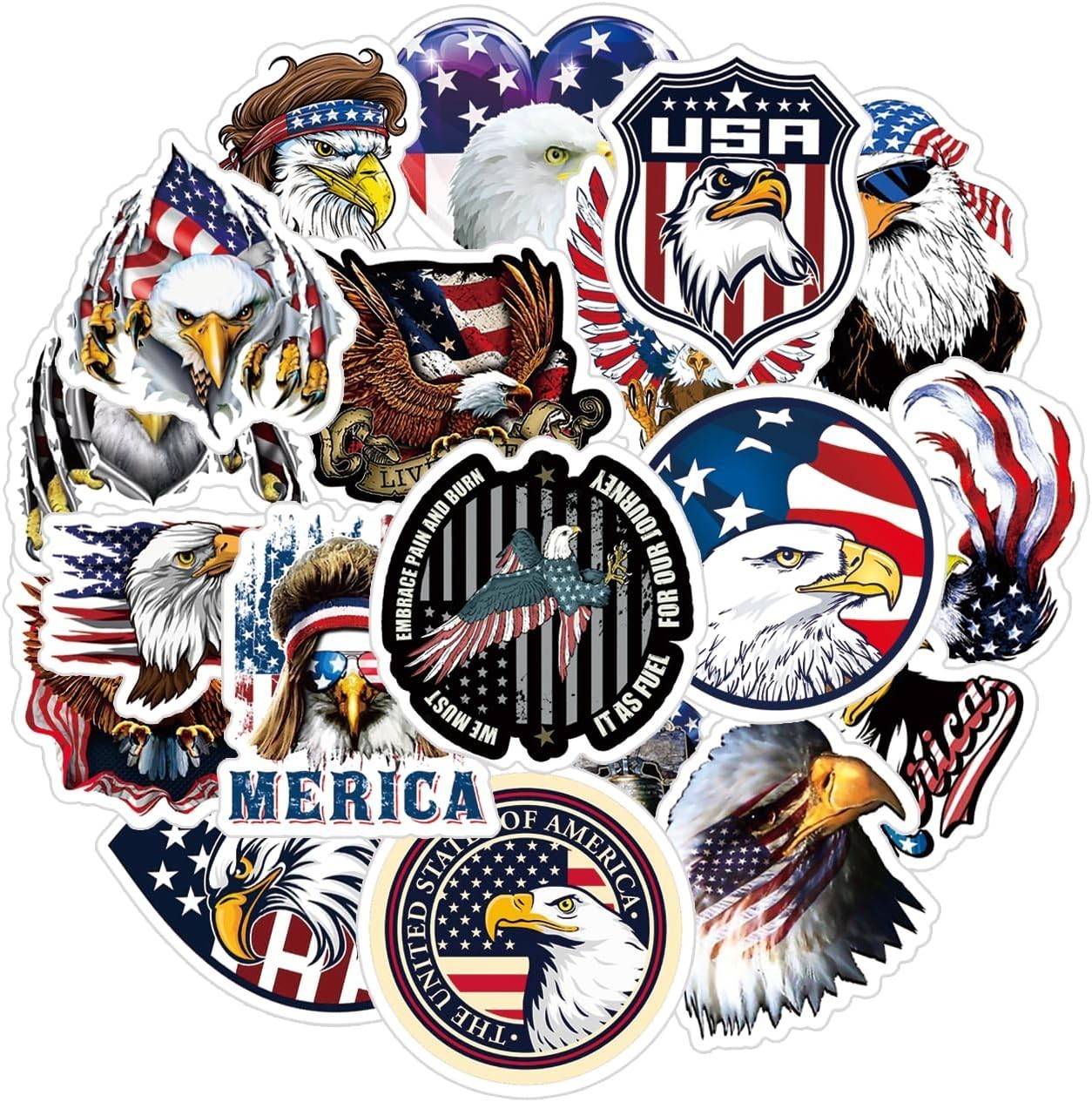 Cool Bald Eagle Stickers 25pcs Waterproof Art Deco Vinyl Pack Laptop Skateboard