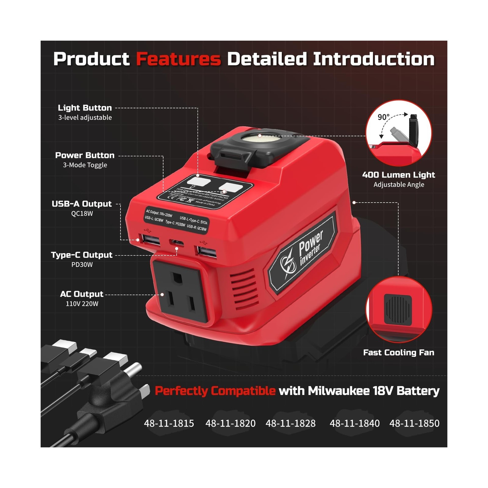 220W Power Inverter Compatible with Milwaukee 18V Battery, DC 18V to AC 110V …