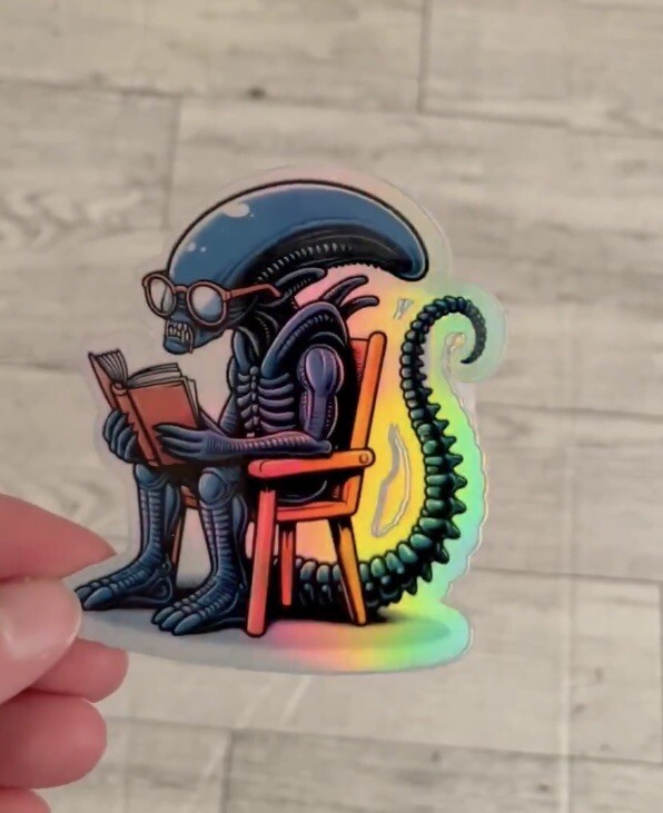 Alien Xenonorph Reading Book 3inch Holographic Waterproof sticker