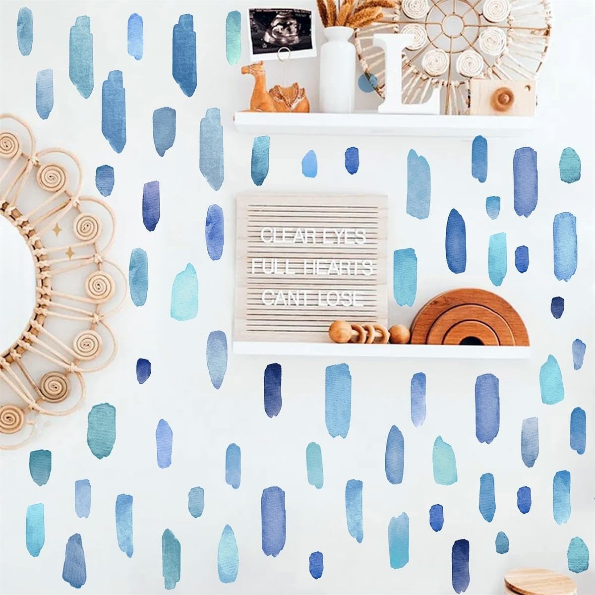 Boho Watercolor Wall Stickers – Removable Blue Stripes Decals for Kids' Room, Nu