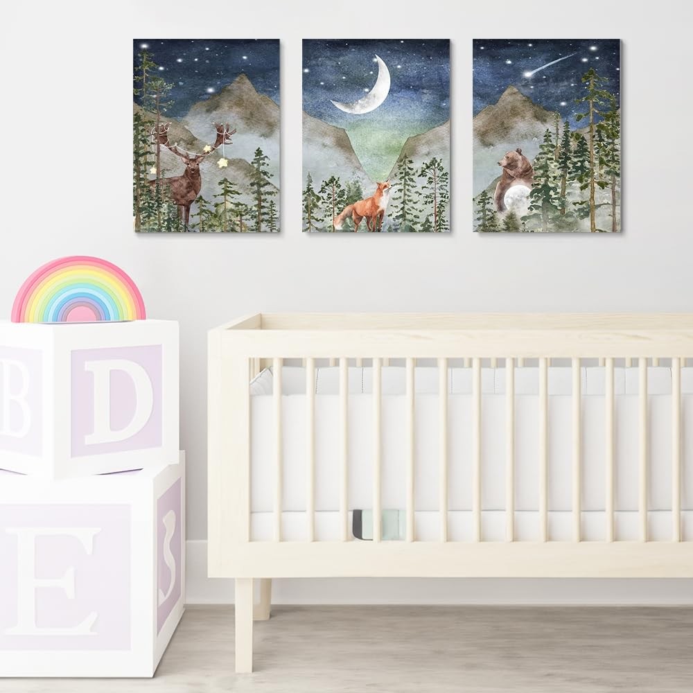 SKYSUKEY Boho Nursery 12 in x 16 (3 Pieces), Dark Blue Star Night Animal