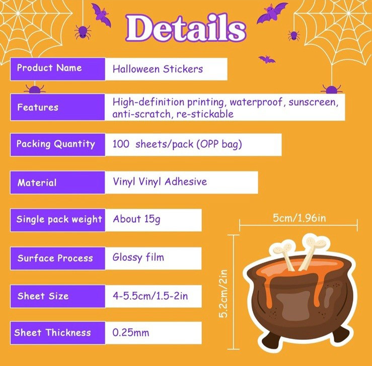 Vinyl Halloween Stickers, Assorted Designs, 100 Count