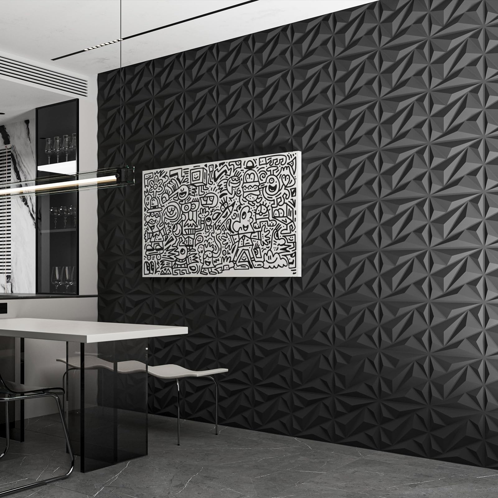33 Pack 3D Diamond Wall Panels, Black PVC Accent Decor for Living Room, Bedroom,