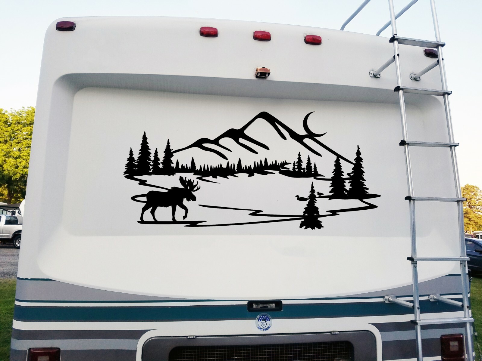Moose Ducks Lake Mountain Moon Scene Vinyl Decal – RV Camper Graphics – Die Cut