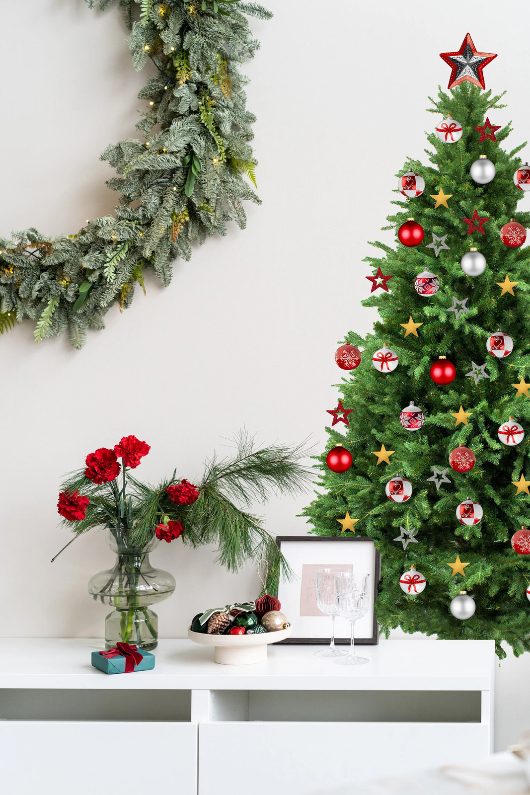 Christmas Tree Wall Vinyl Decal – Large Pine Ornaments Sticker Decoration For