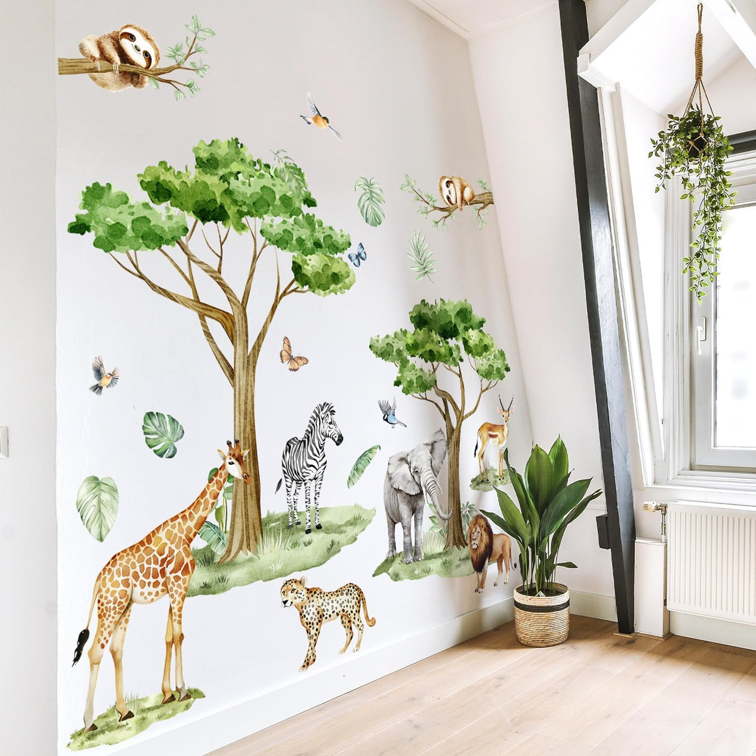 Watercolor Safari Animals Tree Wall Decals Removable Jungle Giraffe Lion Elephan