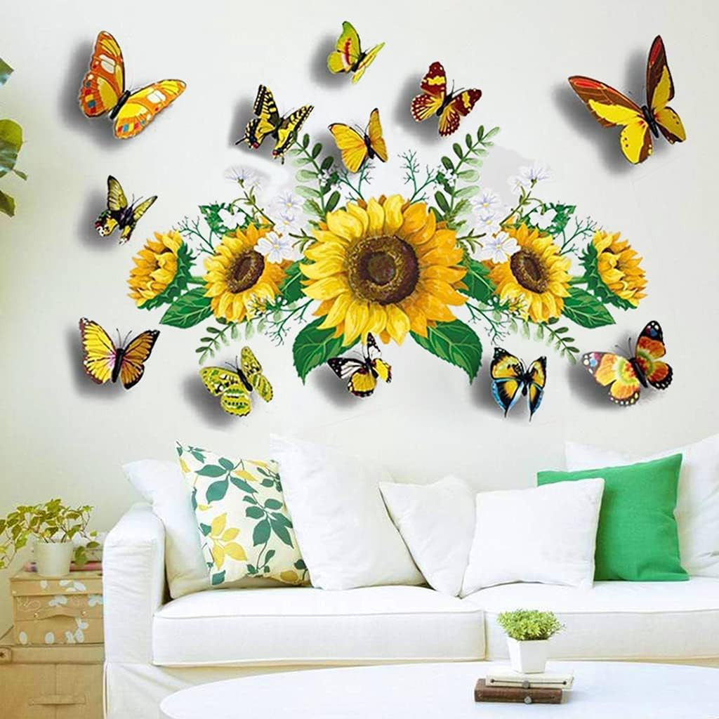 Sunflower Wall Stickers 3D Butterfly Yellow Floral Removable Waterproof Decor