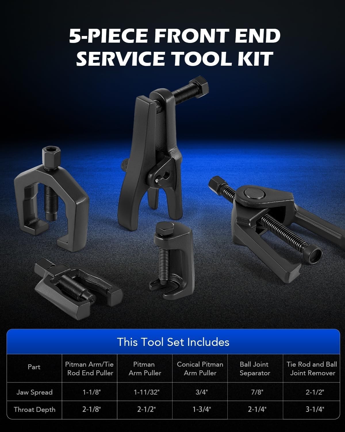 5-in-1 Ball Joint Separator, Pitman Arm Puller, Tie Rod End Tool Set for Front E