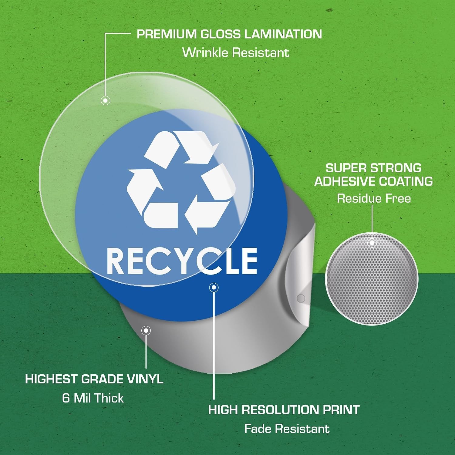 High-Visibility 6" Round Recycling Stickers – Durable, 4 Pack for Easy Sorting