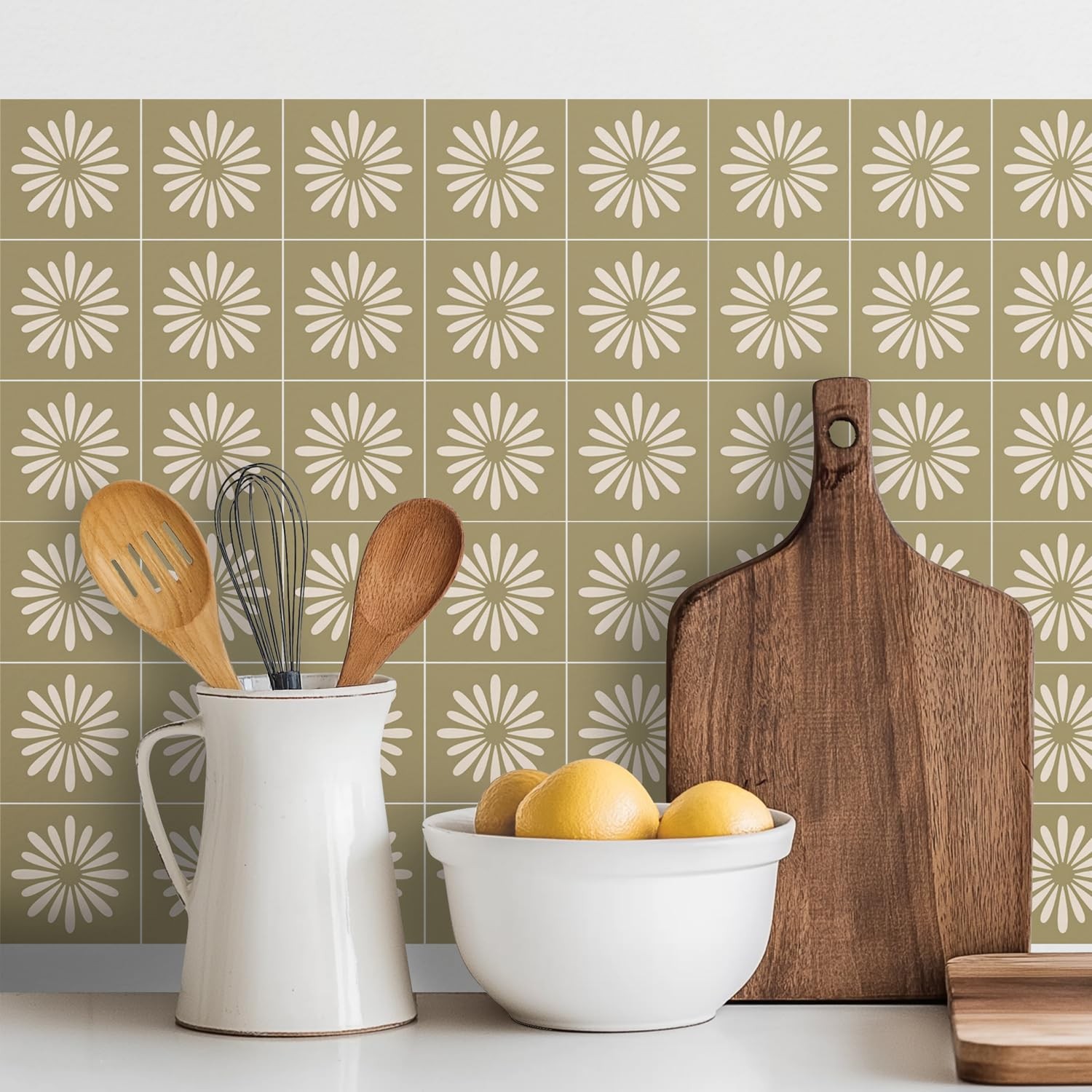 30 Pack, 4×4 Inch Sage Green Tile Decals, Mid-Century Modern Floral Peel and …