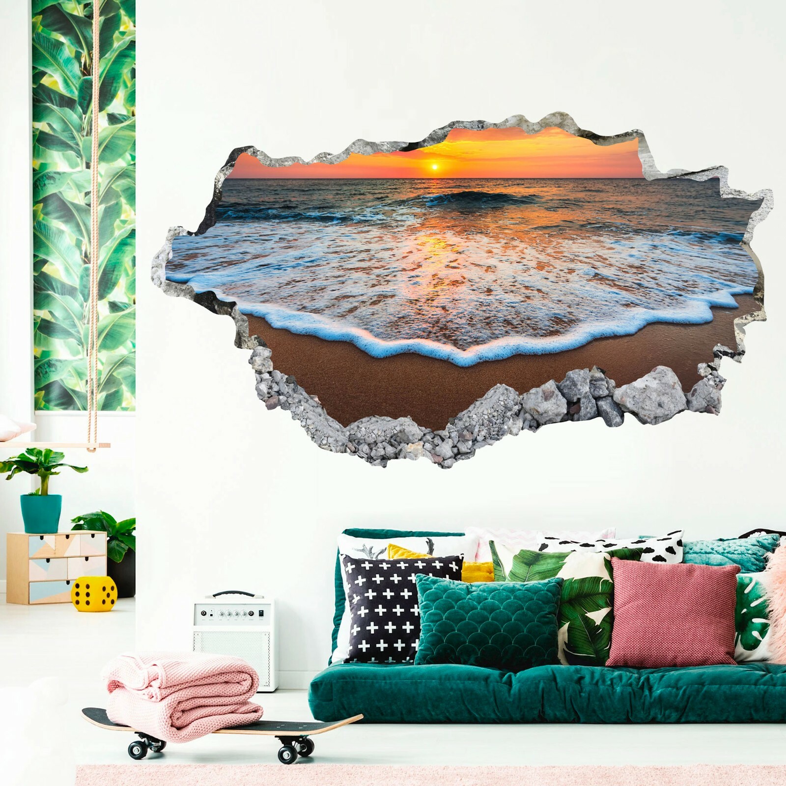 Beach Sunshine Coconut Tree 3D Smashed Wall Decor Removable Wall Decal Sticker