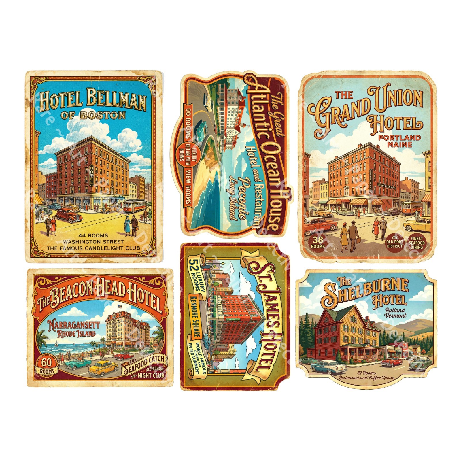 New England Hotel Luggage Stickers, 6 Labels, Cut and Peel Sheet, 1375