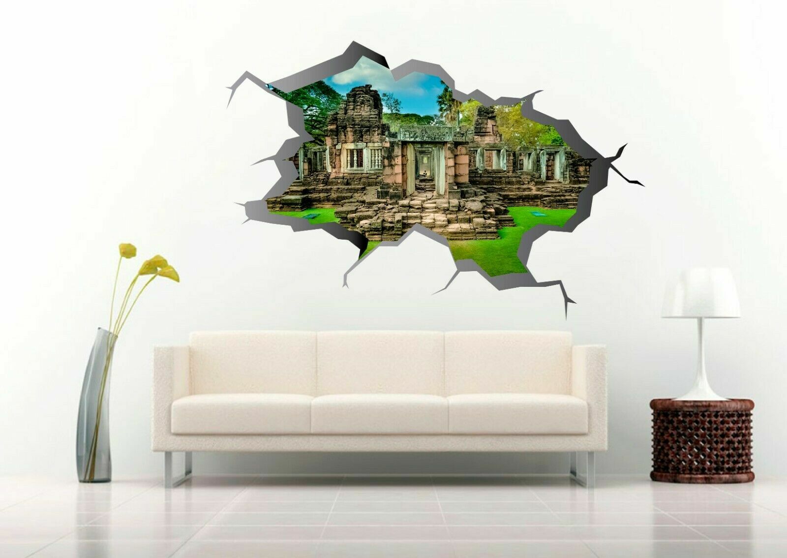 Ancient Ruins In Jungle 3D Crack Hole Wall Decal Vinyl Sticker Mural Art Decor