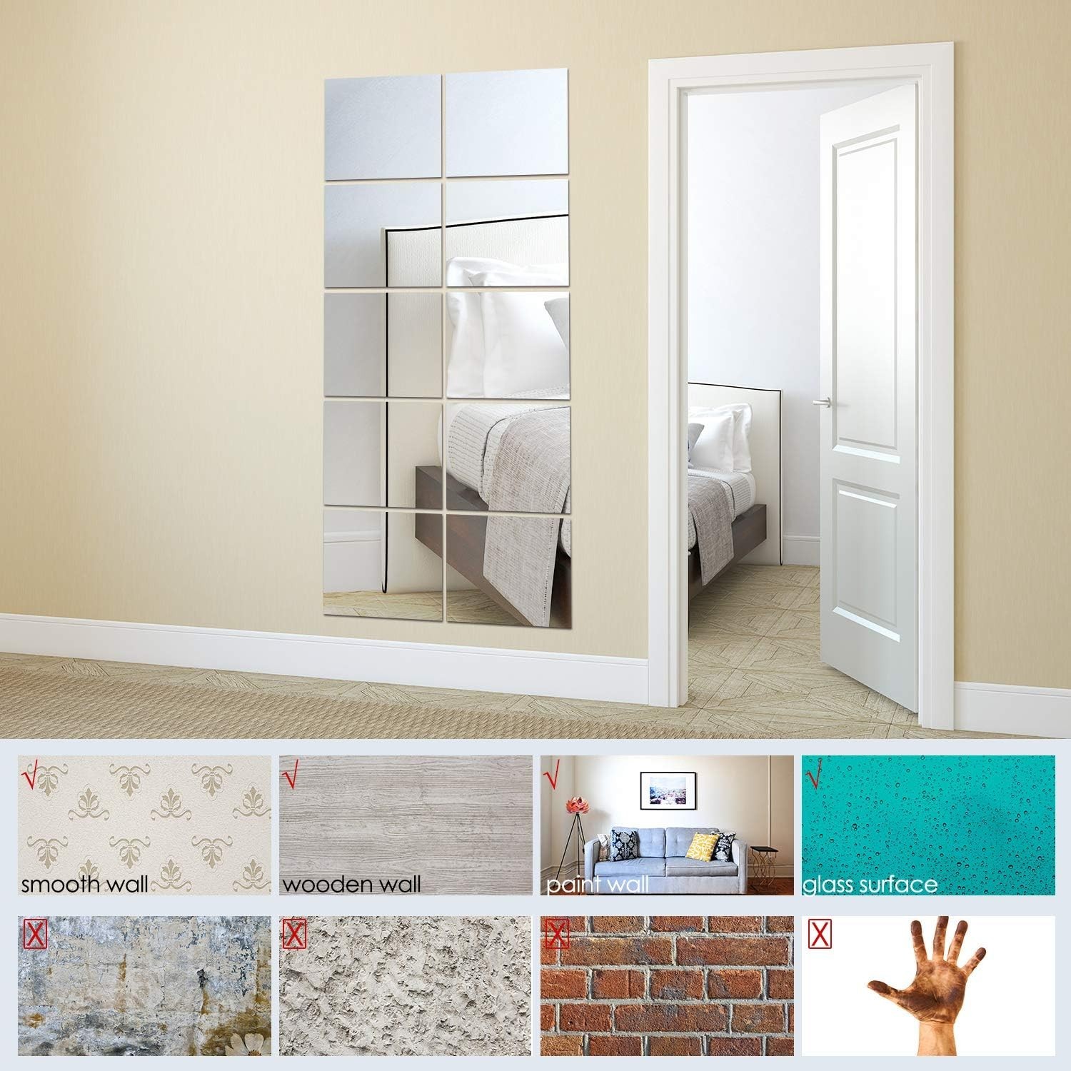10-Piece Self Adhesive Mirror Sheets for Wall Decor, Flexible and Frameless