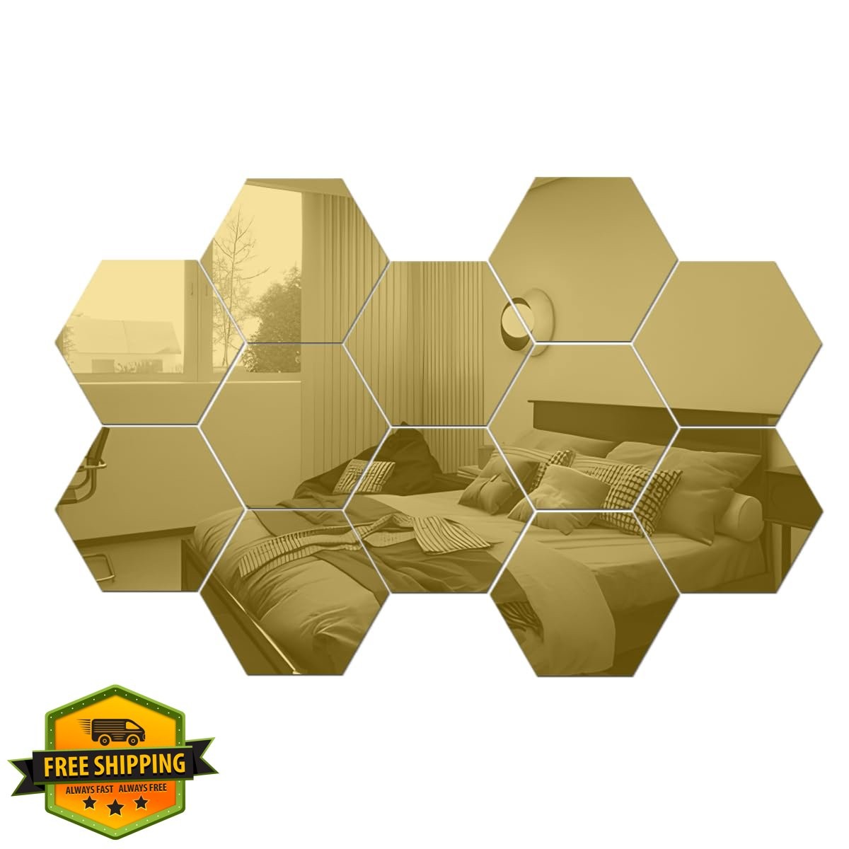 MCLEULLA Gold Hexagon Mirror Wall Stickers 12PCS