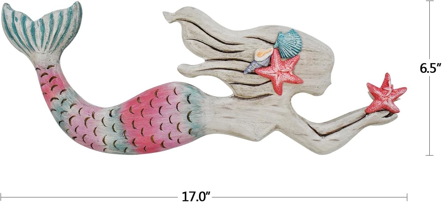 Nautical Decor Wood Hanging Mermaid Wall Art Coastal Decorations (A)