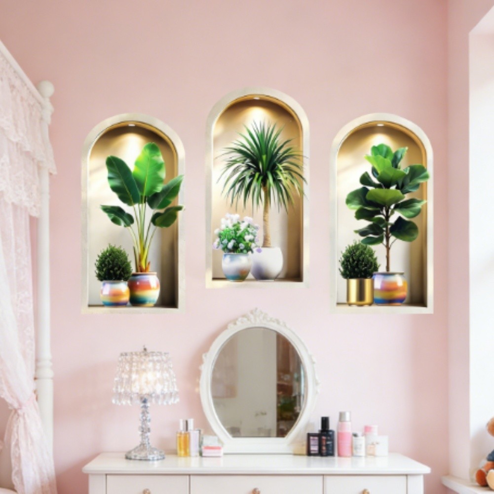 3D Potted Plant Wall Stickers 3PCS Set for Indoor For Room Decoration 40x80cm