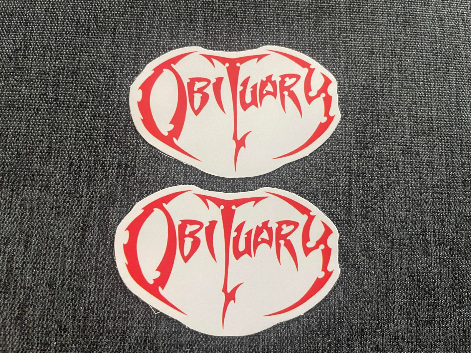Lot (2) OBITUARY 1 1/2" x 2 1/2" Band STICKERS Red FAST! FREE SHIP!