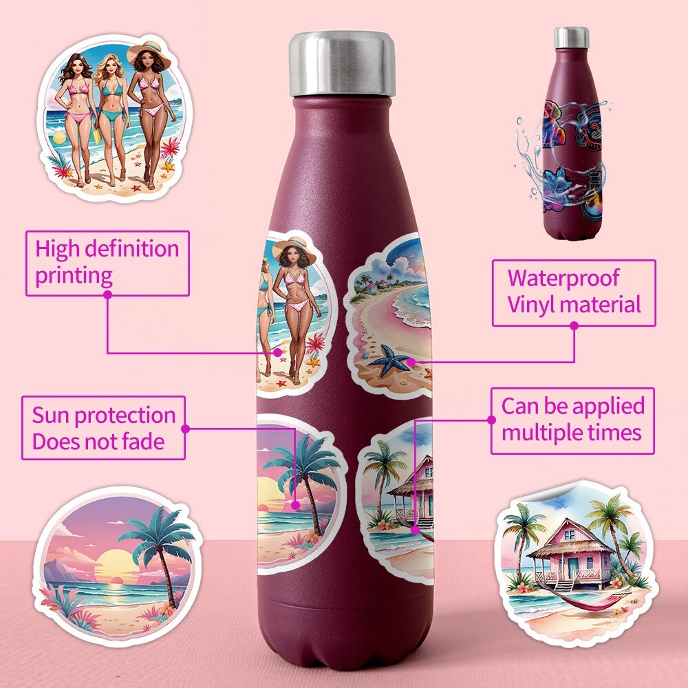 50pcs Waterproof Vinyl Stickers Summer Vacation Beach Tree Luggage Phone Laptop
