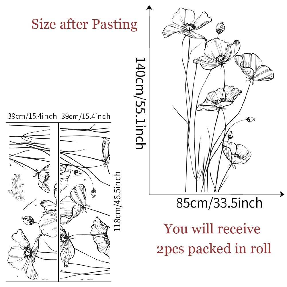 Black and White Poppy Flower Wall Decal Minimalist Sketch Botanical Wall Art …
