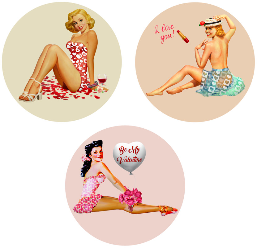 Vintage Valentine's Day Pin Up Girls – 3 Pack Circle Stickers Decals 3" x 3"