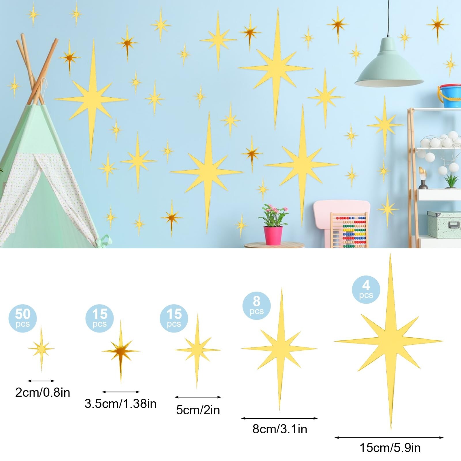 92 Pcs Gold Star Wall Decals Mirror Stickers for Walls, Removable 3D Acrylic …