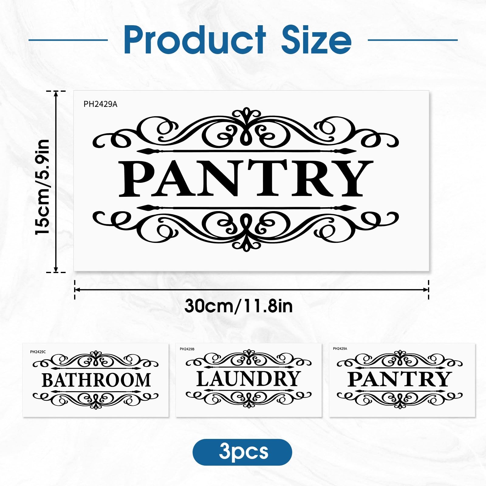 3 Pcs Vinyl Wall Stickers Laundry Room Pantry Bathroom Decal, 30x15cm, White