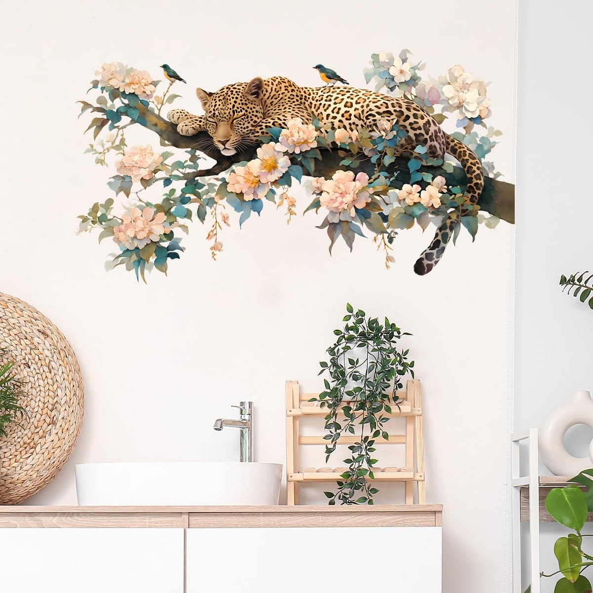Sleeping Leopard with Flowers Wall Decal Jungle Animal Wall Sticker