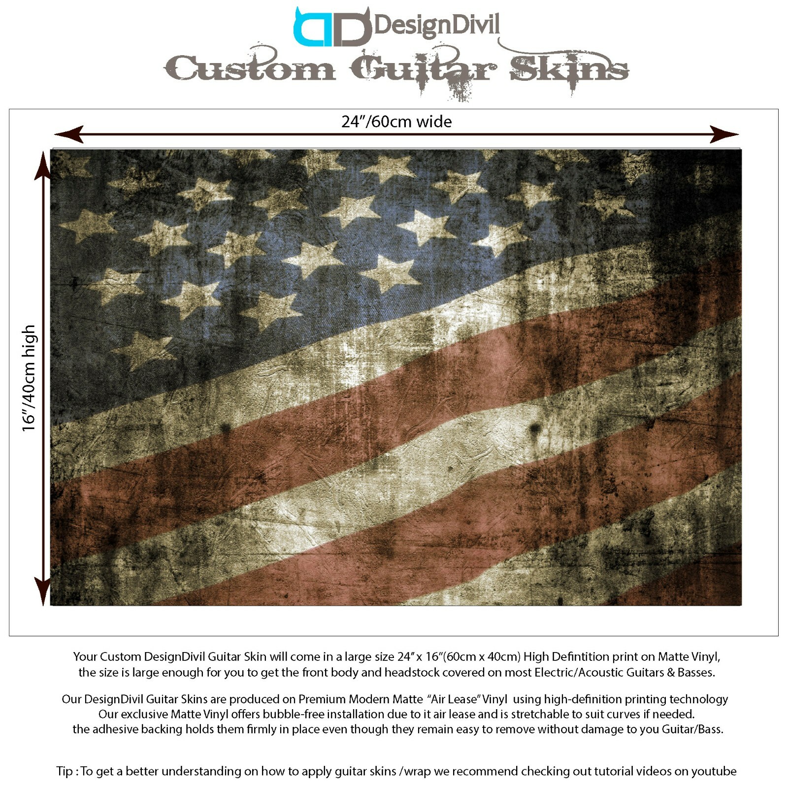 Guitar Skin Wrap Laminated Vinyl Sticker Decal for any Guitar USA Flag GS20