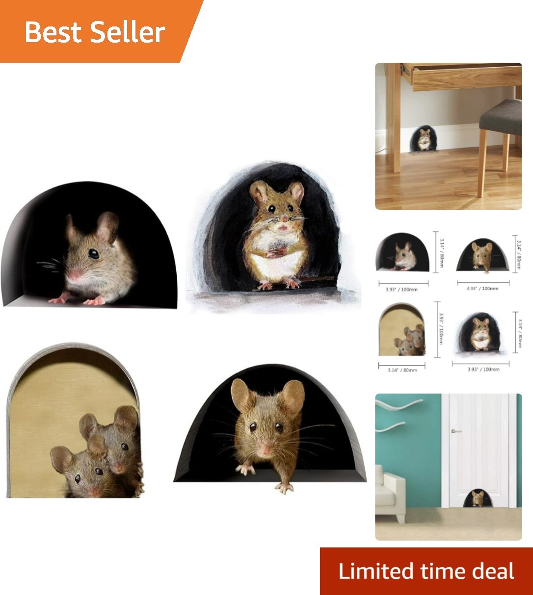 Charming 3D Mouse Wall Art Set – 4 Fun Vinyl Stickers for Playful Spaces