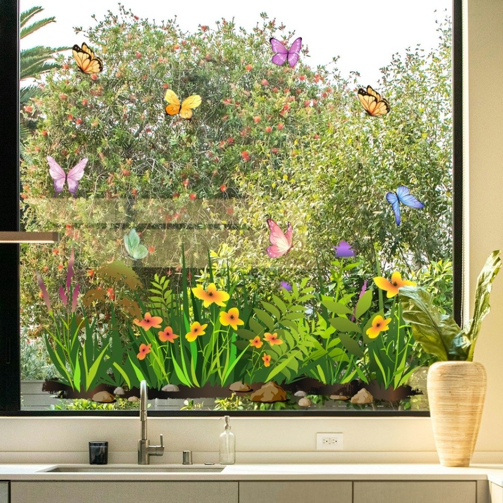 Green Floral Static Cling for Windows 11.8 x 23.2 in PVC Sticker For Home Decor