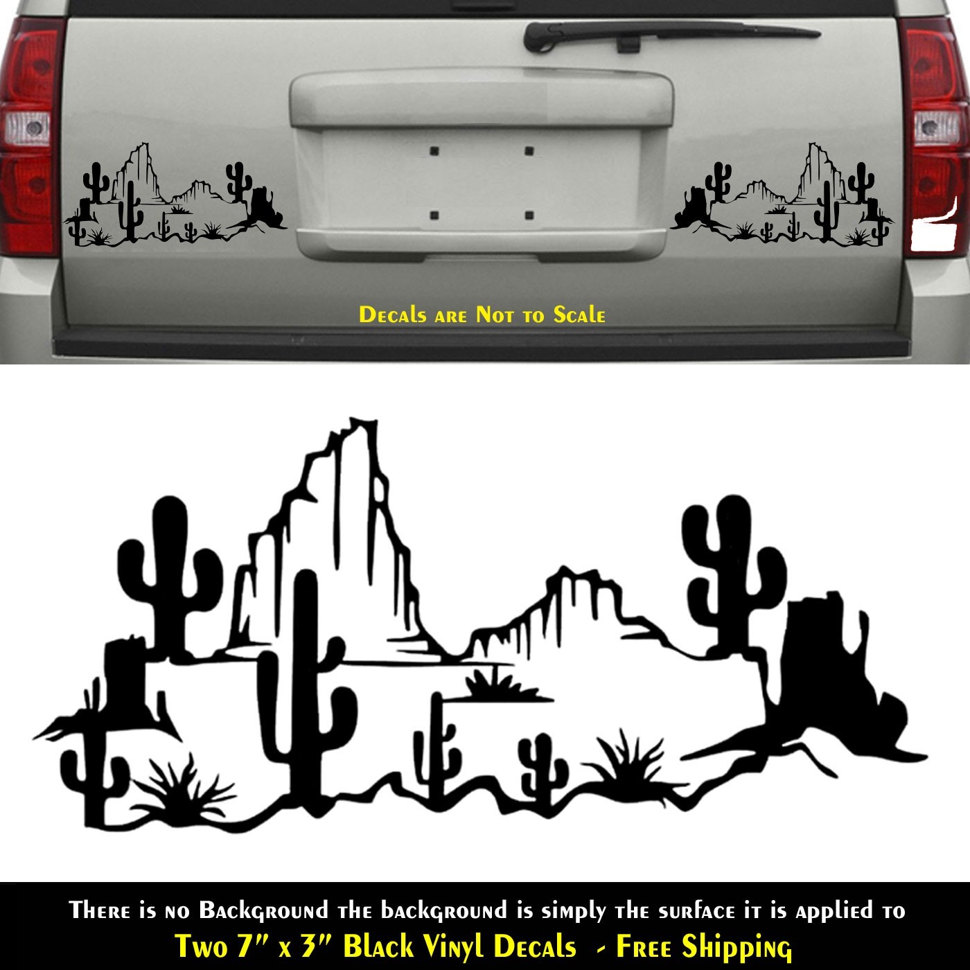 Southwestern Desert Cactus Scene Two 7" Mirrored Black Vinyl Decals Car Window
