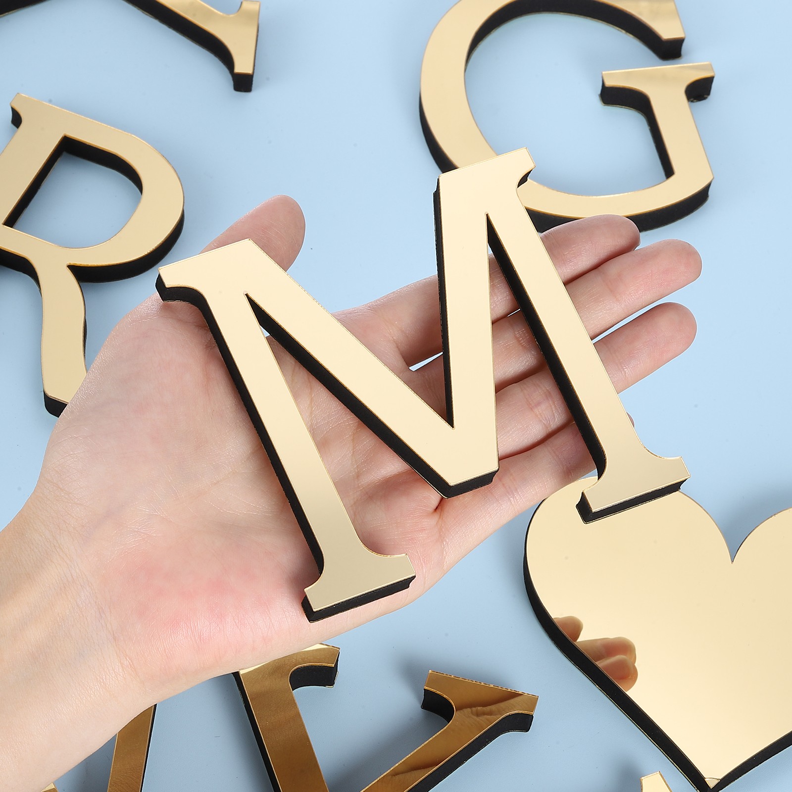 3D Acrylic Alphabet Mirror Wall Stickers Letter M Self-Adhesive Light Gold