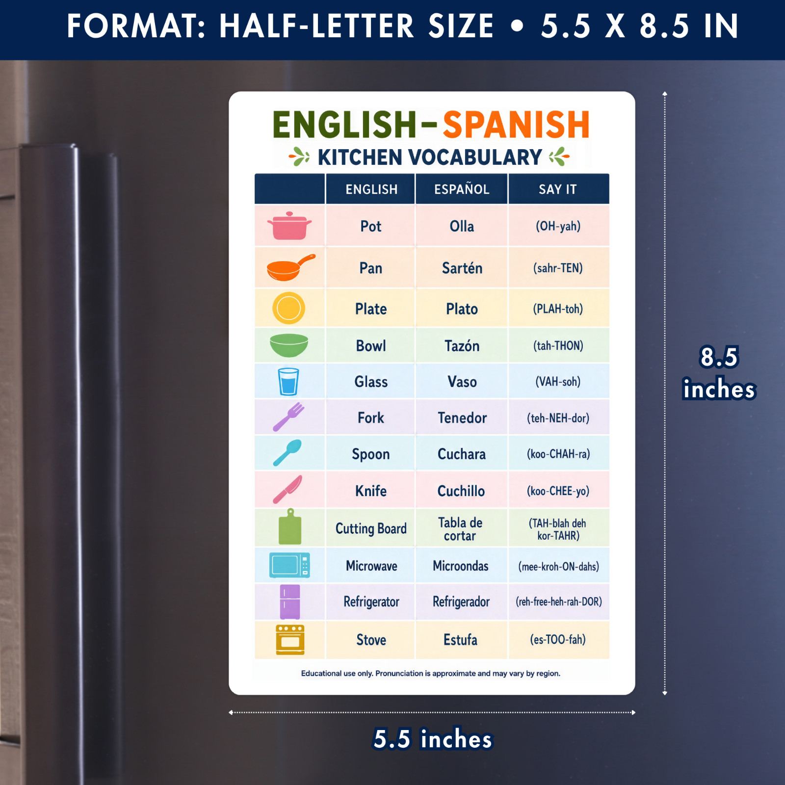 English–Spanish | Kitchen Vocabulary Magnet | Fridge Learning Guide | 5.5 x 8.5