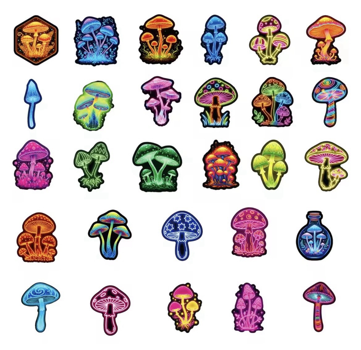 Neon Mushroom Colorful Style Stickers 50pk Mixed Shrooms Stickers FREE SHIPPING