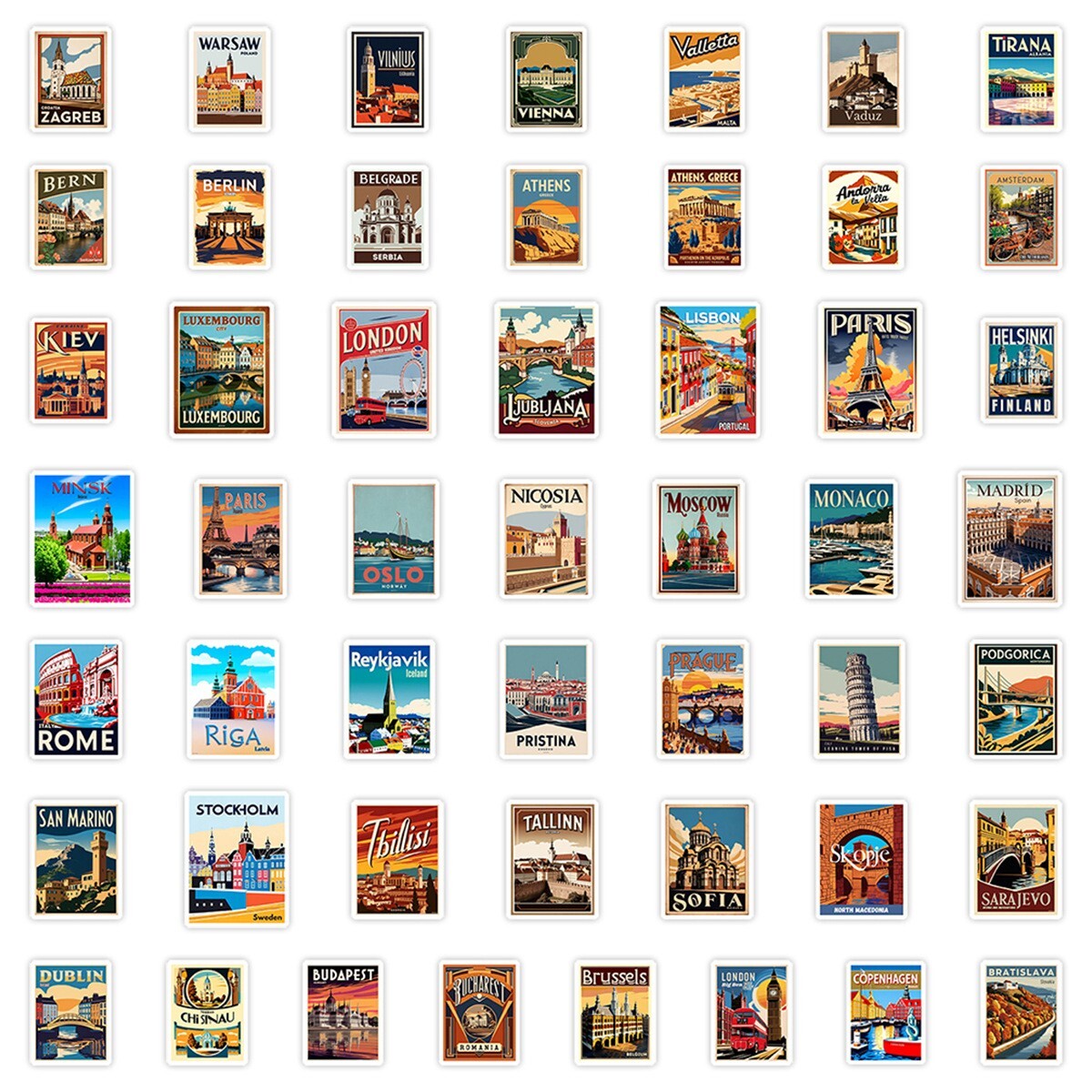 50pc Waterproof Stickers Europe Iconic Landmarks Trip Vacation Luggage Phone Car