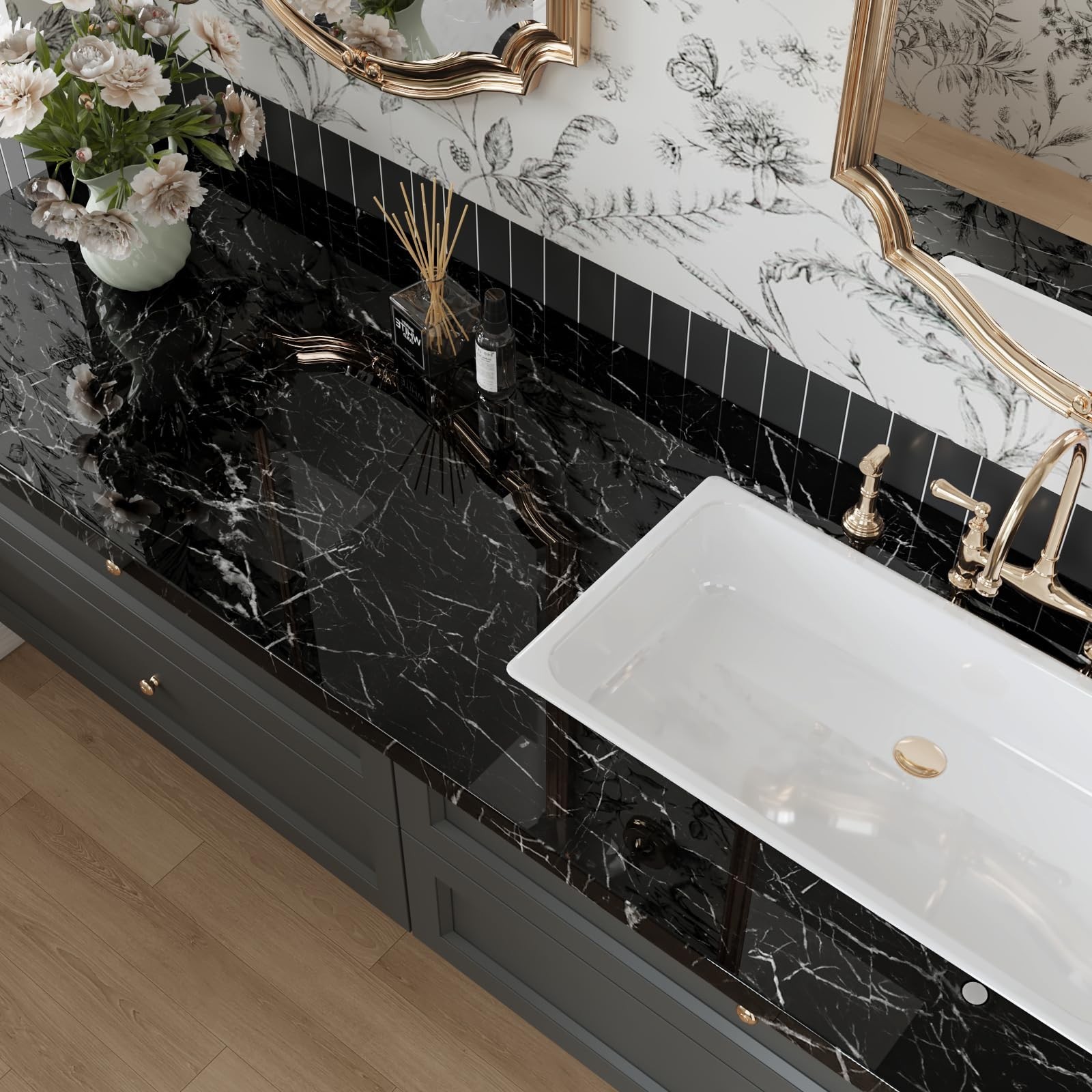 CRE8TIVE Glossy Black Marble Contact Paper Peel and Stick Black Marble Wallpa…