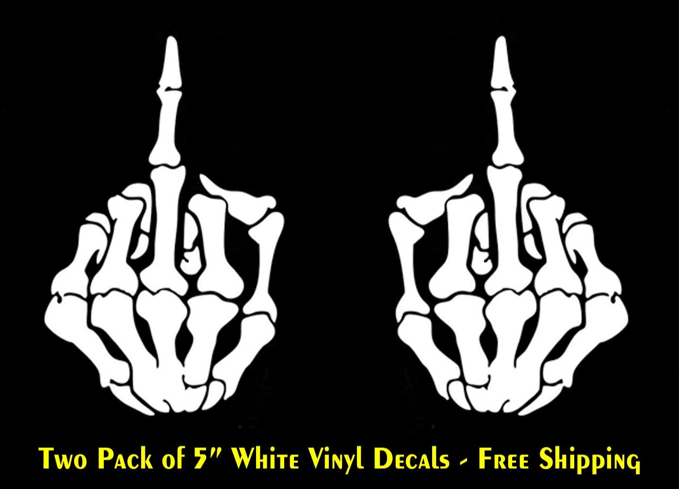 Skull Skeleton Bone Middle Finger Flipping Off Two PK 5" Mirrored White Decals