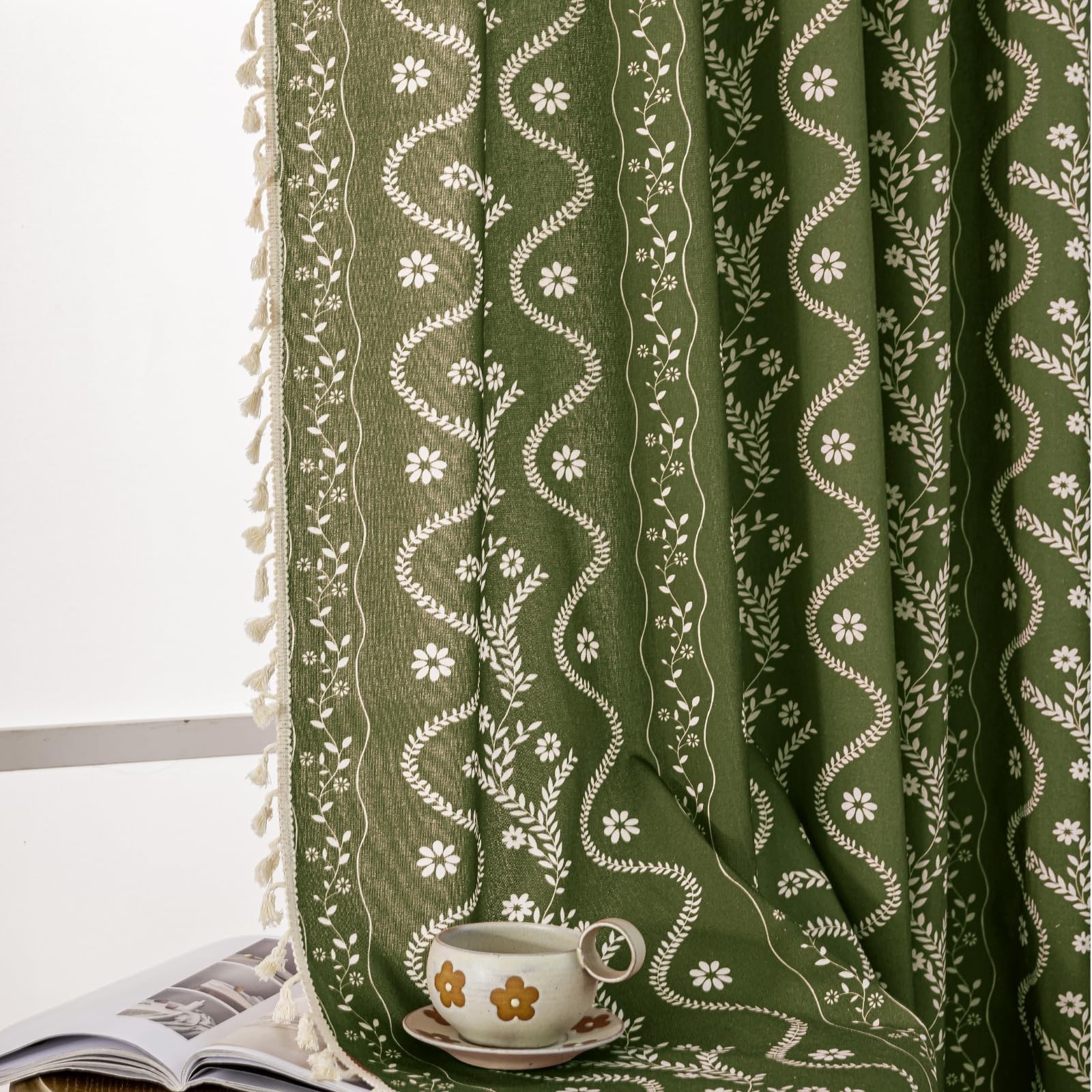 Olive Green Floral Curtains 80 Inch Long for Living Room, Bedroom, 2 Panels B…