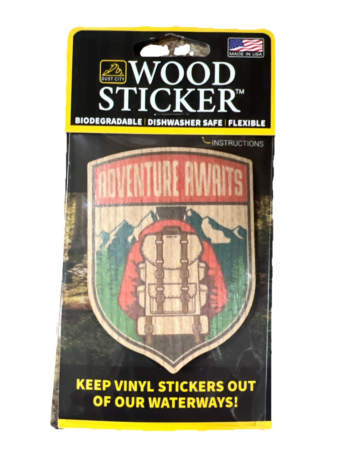 Adventure Awaits WOOD Sticker 3M Dishwasher SAFE Biodegradable Dust City NEW