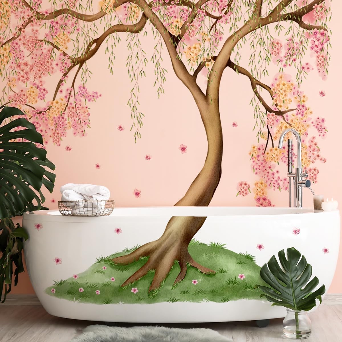 Large Pink and Yellow Cherry Blossom Tree Wall Decals Green Leaves Wall
