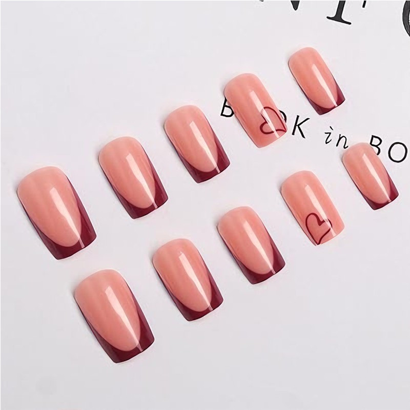 24 PCS Valentine's Day Press On Nails, French Tip Medium Square Wine Red Heart F