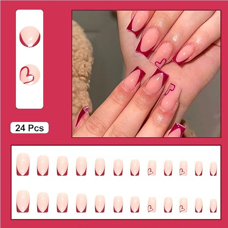 24 PCS Valentine's Day Press On Nails, French Tip Medium Square Wine Red Heart F
