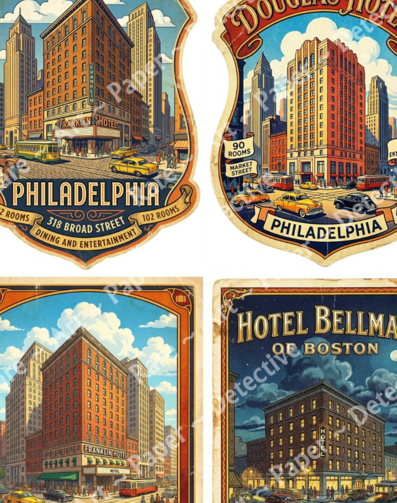 Vintage Nostalgic Hotel Luggage Stickers, 4 Retro Labels on 1 Cut & Peel Sheet