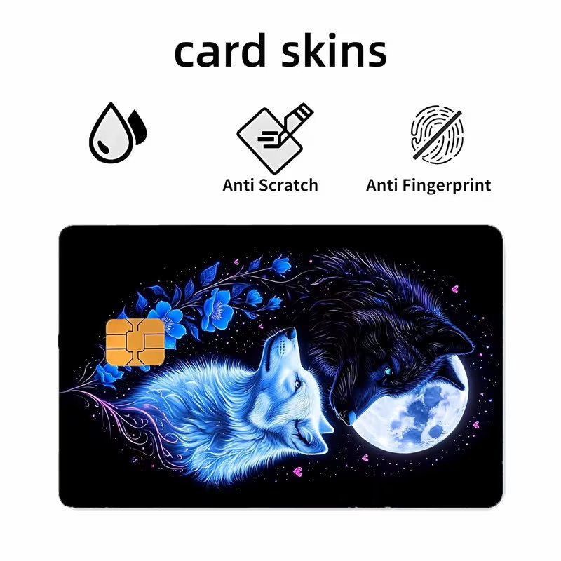 Black & White Wolves with Floral Full Moon Credit Card Skin Sticker | Mystic