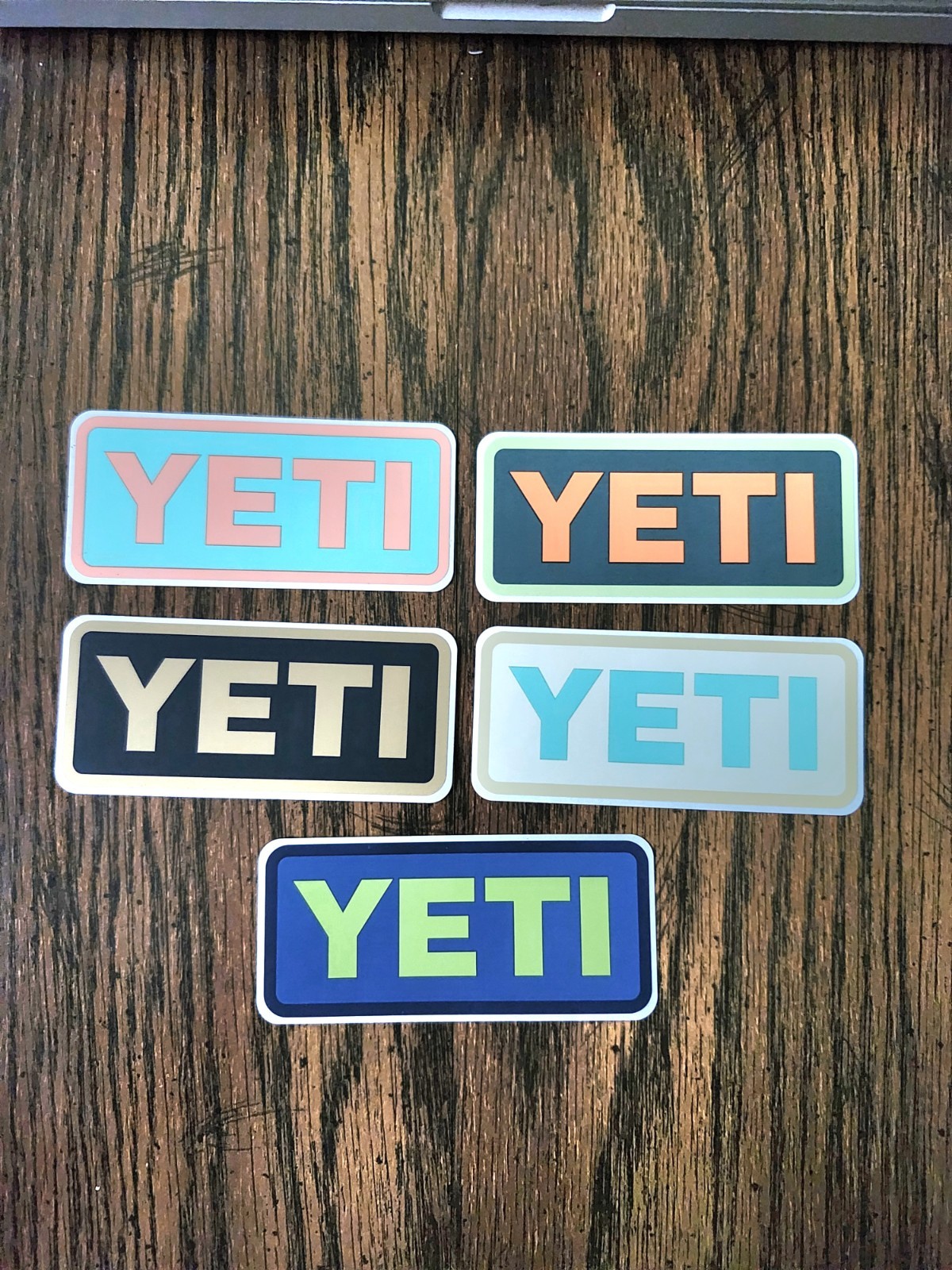 Set of 5 New Multi Colored YETI STICKERS 2" x 4" nominal