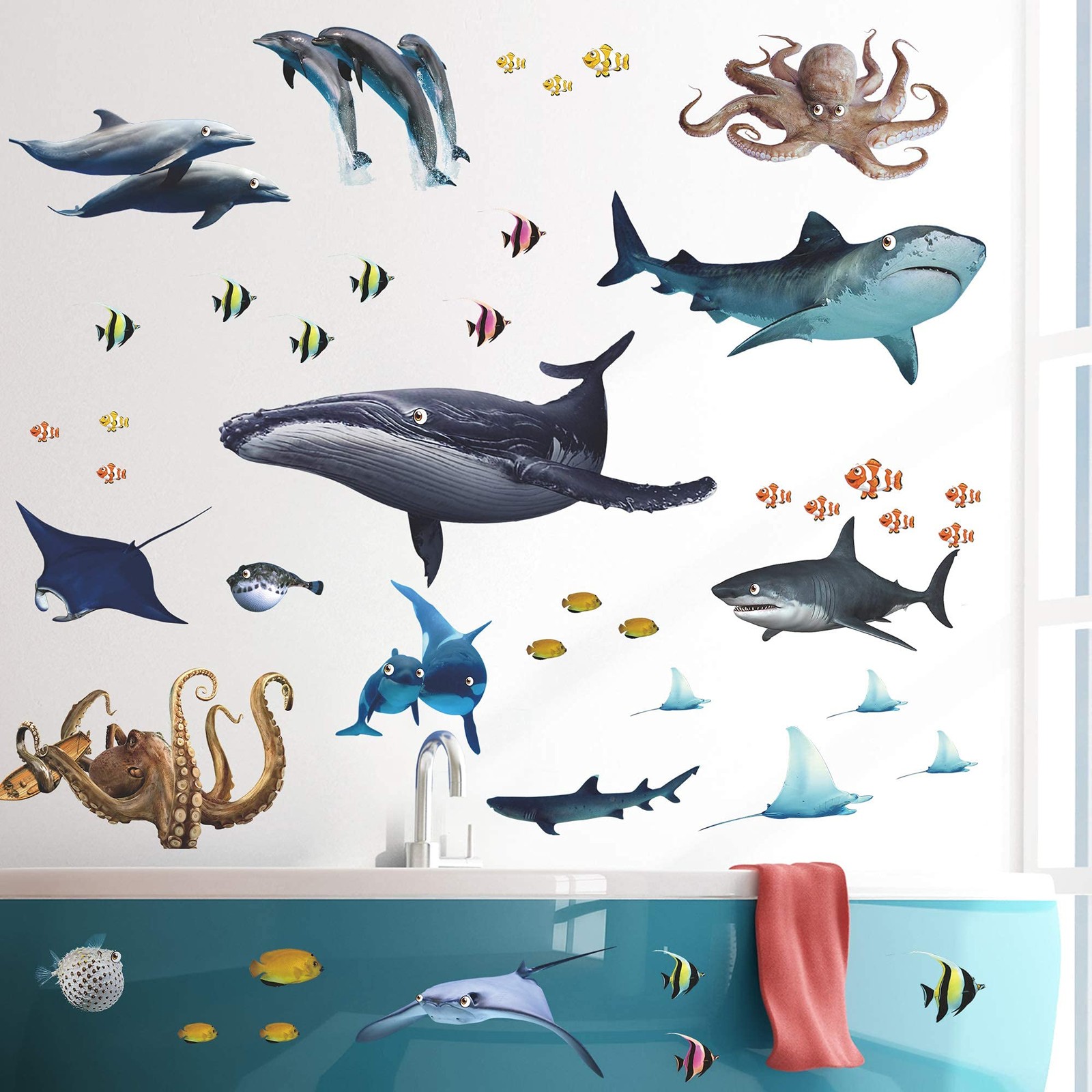 4 Sheets of 12inch x 18inch 3D Removable Ocean Animals Wall Sticker Under The…